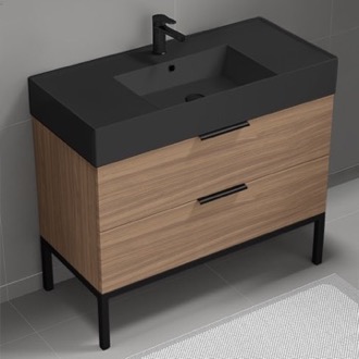 Bathroom Vanity Walnut Bathroom Vanity With Black Sink, Floor Standing, 40